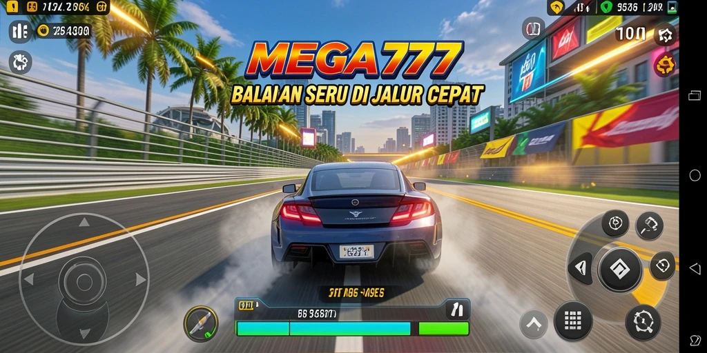 Tangkapan layar gameplay MEGA777 menampilkan aksi balapan yang mendebarkan.