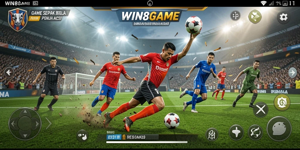 Tangkapan layar utama menunjukkan aksi permainan sepak bola yang intens.